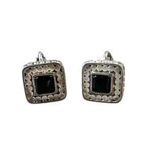 Napier Clip On Earrings Black Glass Silvertone Rhinestones Square Screw Back